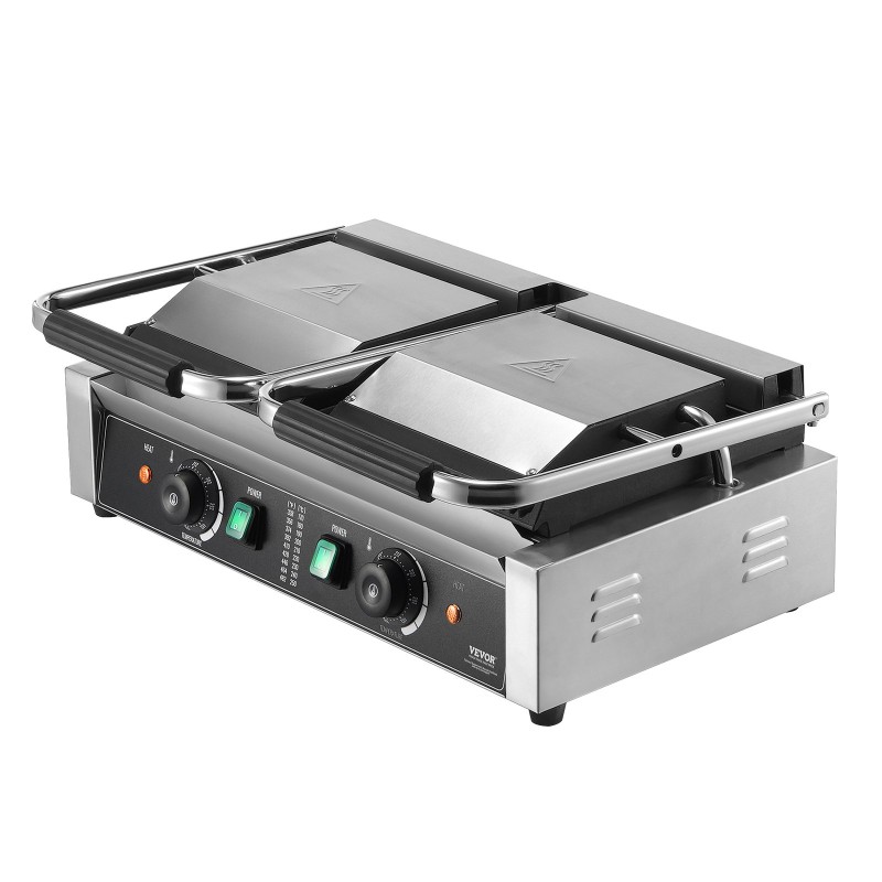 Kaupallinen sähköinen paninigrilli ruostumattomasta teräksestä 3600W kaksitasoinen säädettävä lämpötila 50–300 °C