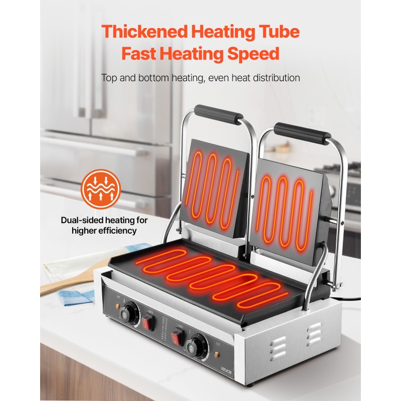 Sähköinen paninigrilli 3600 wattia ruostumaton teräs tuplalevy 48x23 cm emalipinnoite lämpötilansäätö