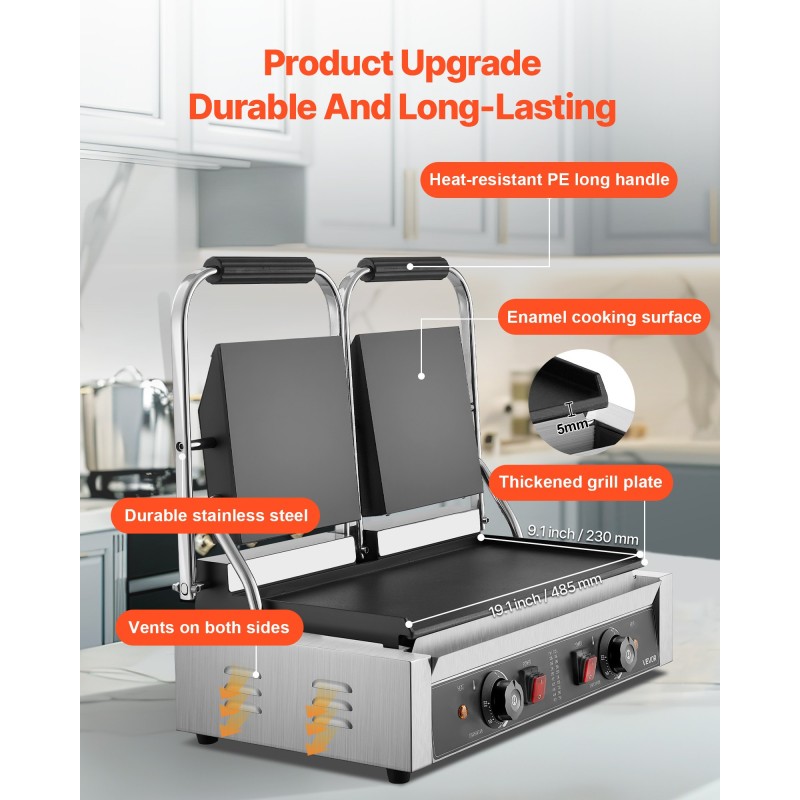Sähköinen paninigrilli 3600 wattia ruostumaton teräs tuplalevy 48x23 cm emalipinnoite lämpötilansäätö