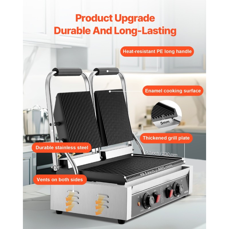 Sähköinen paninigrilli ruostumatonta terästä kaksinkertainen 48x23 cm emaloitu paistolevy 3600W