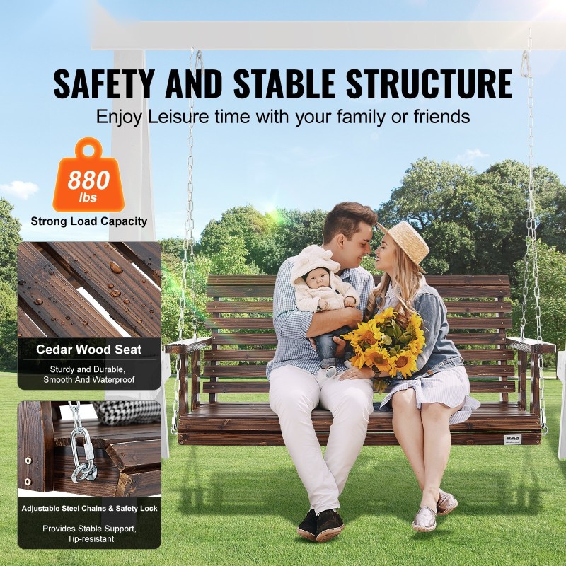 Puinen kuistikeinu seetripuu teräsketjut kantavuus 880 paunaa hiiltynyt ruskea