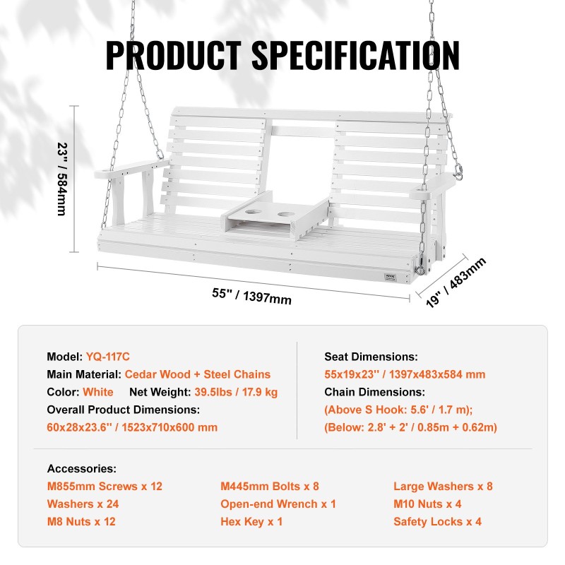 Puuterassikeinu seetripuusta 152 cm 880 paunan kantavuus teräsketjuilla valkoinen