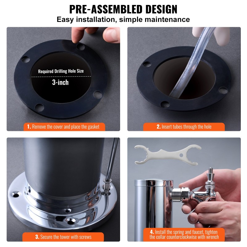 Kolmihanainen ruostumattomasta teräksestä valmistettu oluttorni itsestään sulkeutuvilla hanoilla esiasennetuilla letkuilla