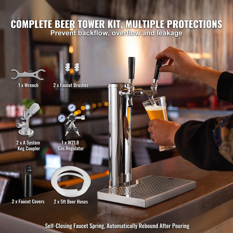 Kaksihanainen ruostumaton teräs oluttorni A-järjestelmän tynnyriliittimellä kaasusäädin kaksoismittarilla