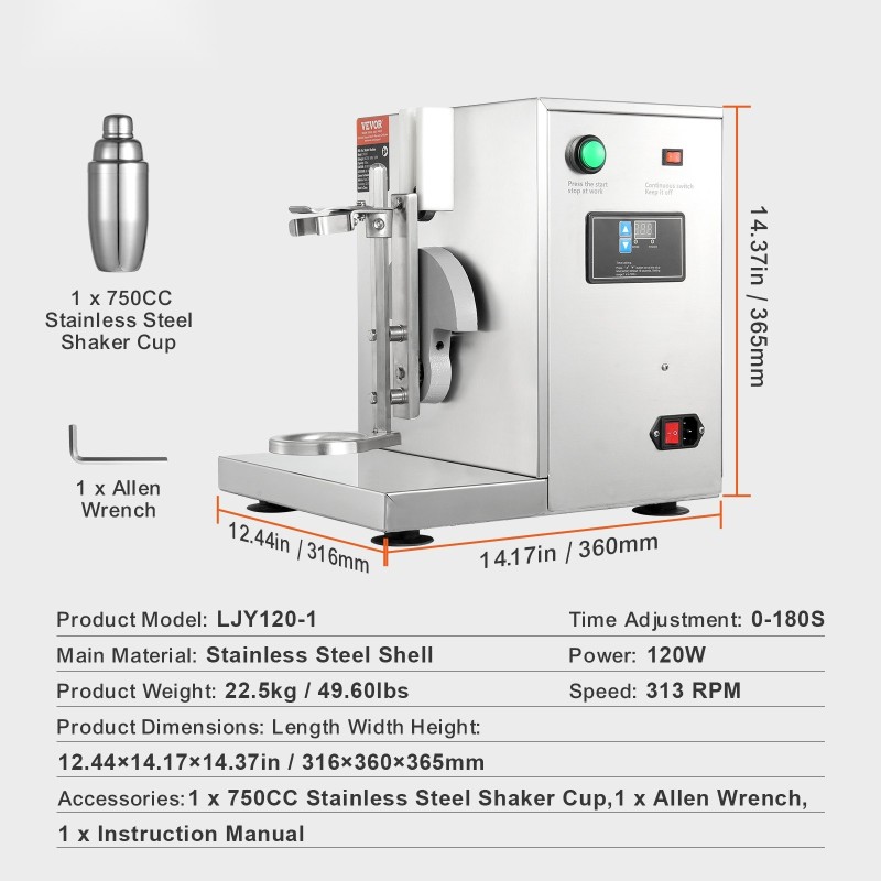 Maitotee ja milkshakesekoitin ammattikäyttö 120 W ruostumaton teräsrunko 750 ml