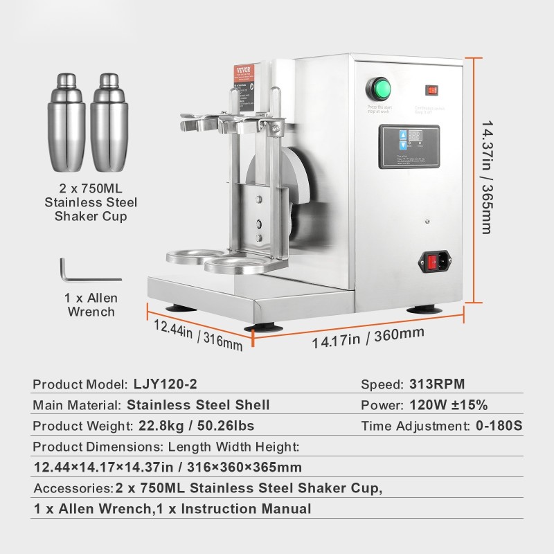 Kaksipäinen milkshakeri ruostumattomasta teräksestä valmistettu kaksi 750 ml kulhoa ammattikäyttöön