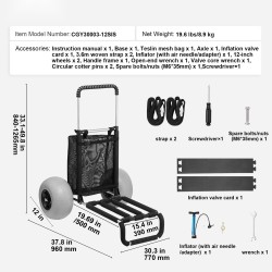 Taittuva rannakärry teräsrunko 12 tuuman ilmapallorenkaat 29.9 x 15.4 kantotaso