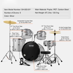 Rumpusetti 5-osainen täysikokoinen poppelirunkoinen hopea PET-kalvoilla aikuisille
