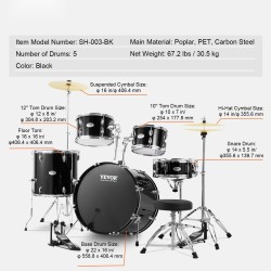 5-osainen täysikokoinen rumpusetti poppelirungolla PET-kalvolla 22 tuuman bassorummulla musta