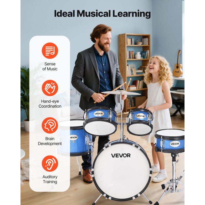 5-osainen juniorirumpusetti 14-tuumainen poppeli hiiliteräs säädettävä jakkara 6–13-vuotiaille