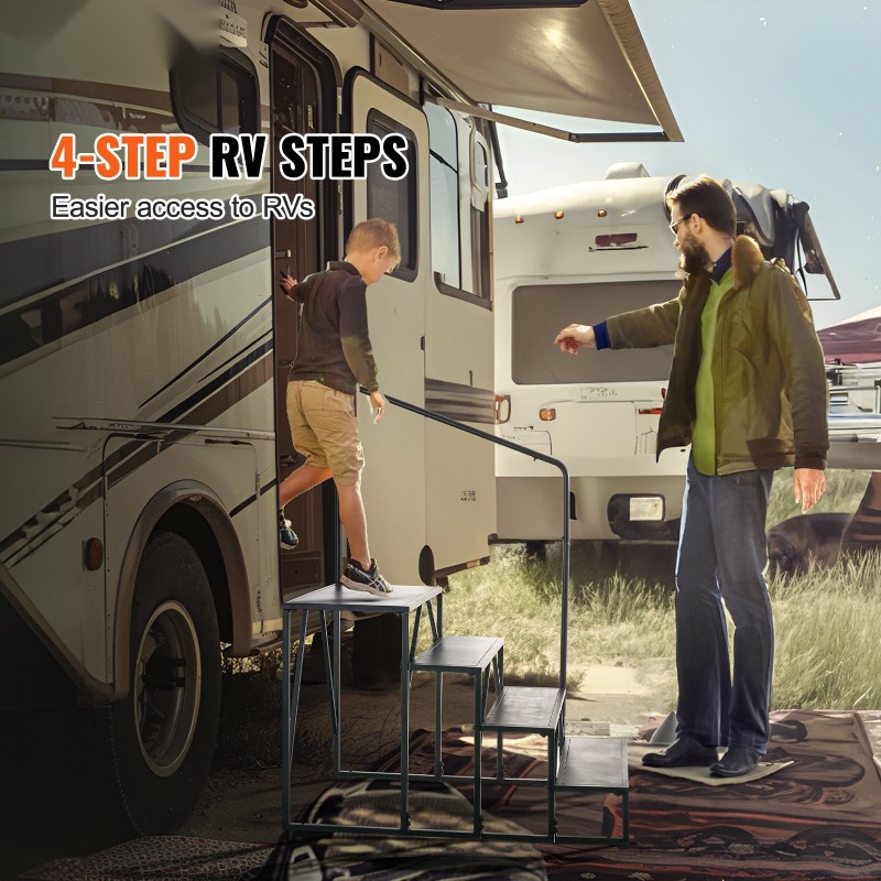 Matkailuajoneuvon 4-portaiset portaat kaiteella paksunnetusta seosteräksestä kantavuudella 199,6 kg