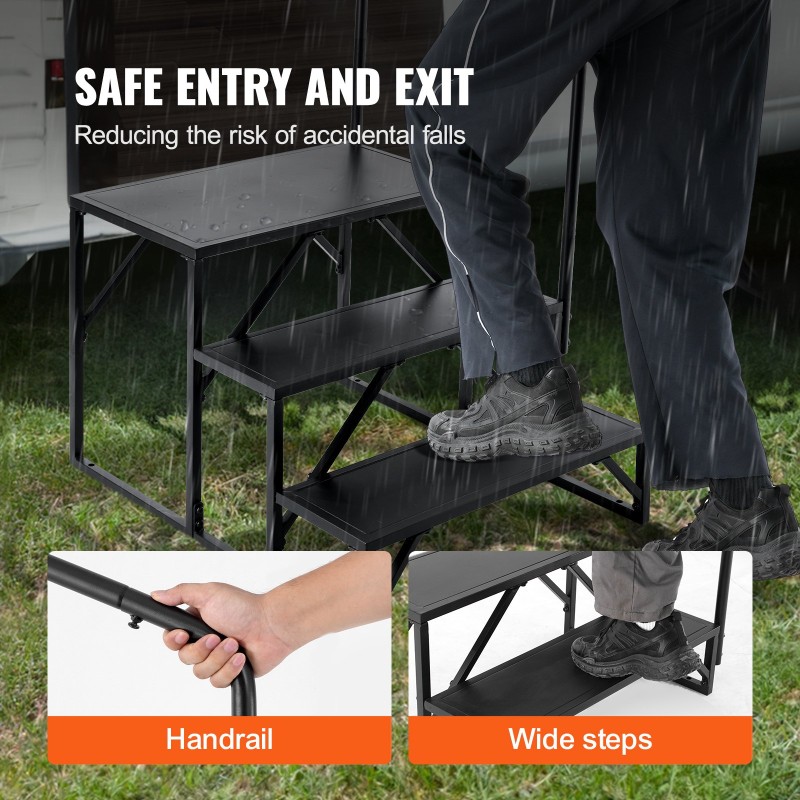 Matkailuauton 3-askelmaiset portaat paksunnettu seosteräs 199,6 kg kantavuus kaide