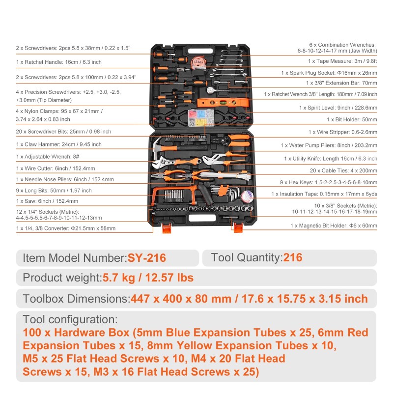 Käsityökalusarja 216-osainen korkealaatuista terästä kromipinnalla kotiin ja autohuoltoon