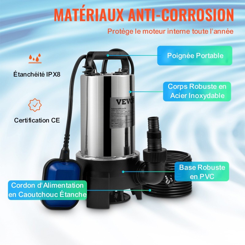 Upotettava ruostumattomasta teräksestä valmistettu vesipumppu 1100 wattia 20000 litraa tunnissa automaattisella