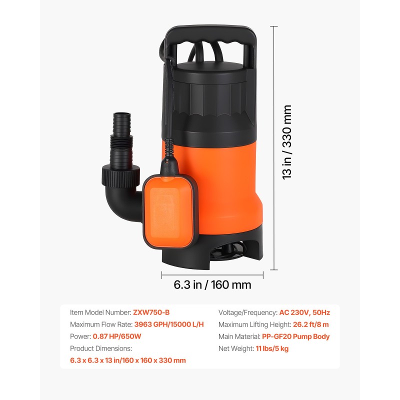 Uppopumppu 650 W PP-GF20-runko automaattinen uimurikytkin 15000 l/h 8 m nostokorkeus