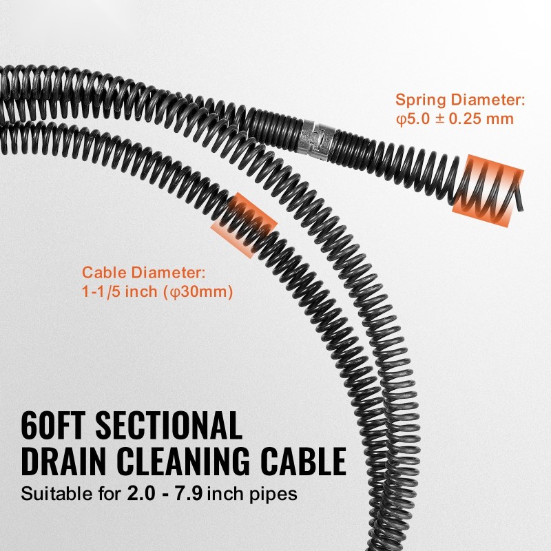 Viemärin puhdistuskaapeli jousiteräs 60 jalkaa 30 mm 6 leikkuupäätä 50–200 mm putkille
