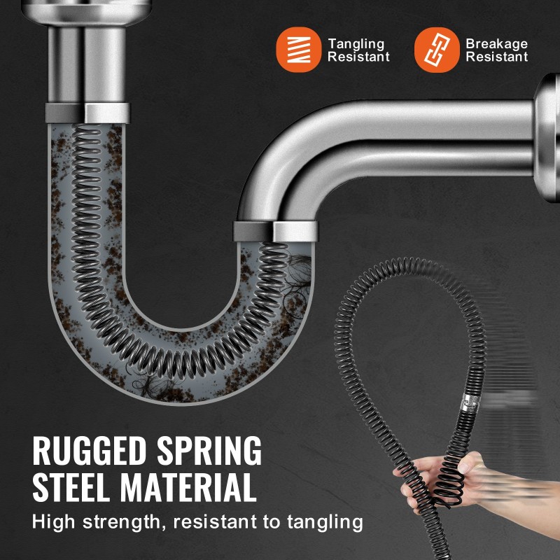 Viemärin puhdistuskaapeli jousiteräs 60 jalkaa 30 mm 6 leikkuupäätä 50–200 mm putkille