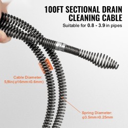 Jaksotettu viemärin puhdistuskaapeli 30,5 m 16 mm 65Mn jousiteräs 7 leikkuupäätä
