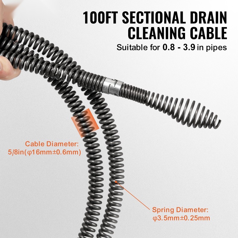 Jaksotettu viemärin puhdistuskaapeli 30,5 m 16 mm 65Mn jousiteräs 7 leikkuupäätä