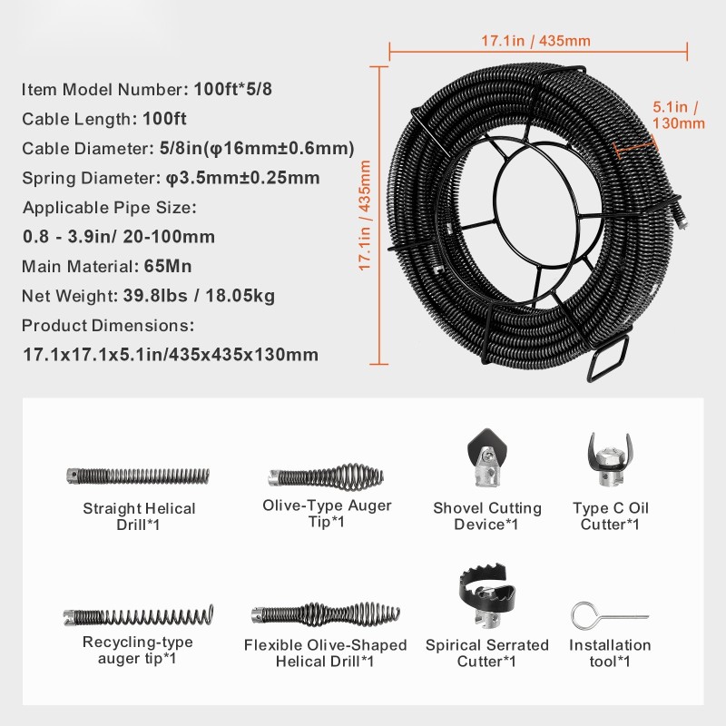 Jaksotettu viemärin puhdistuskaapeli 30,5 m 16 mm 65Mn jousiteräs 7 leikkuupäätä