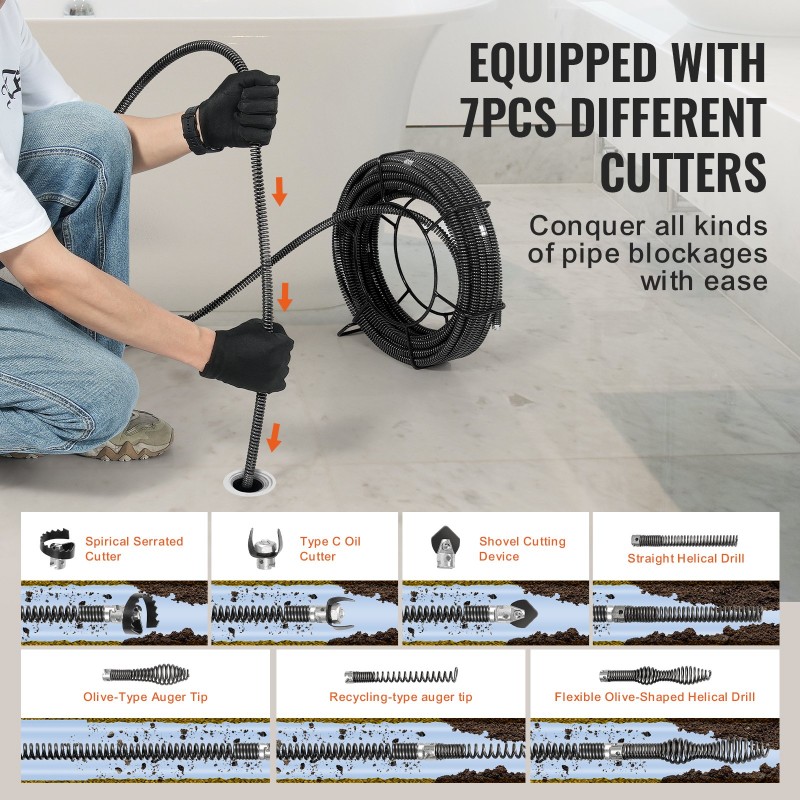 Viemärinpuhdistuskaapeli jousiteräs 20,1 m 16 mm 7 leikkuupäätä 20-100 mm putkille