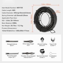 Viemärinpuhdistuskaapeli jousiteräs 20,1 m 16 mm 7 leikkuupäätä 20-100 mm putkille
