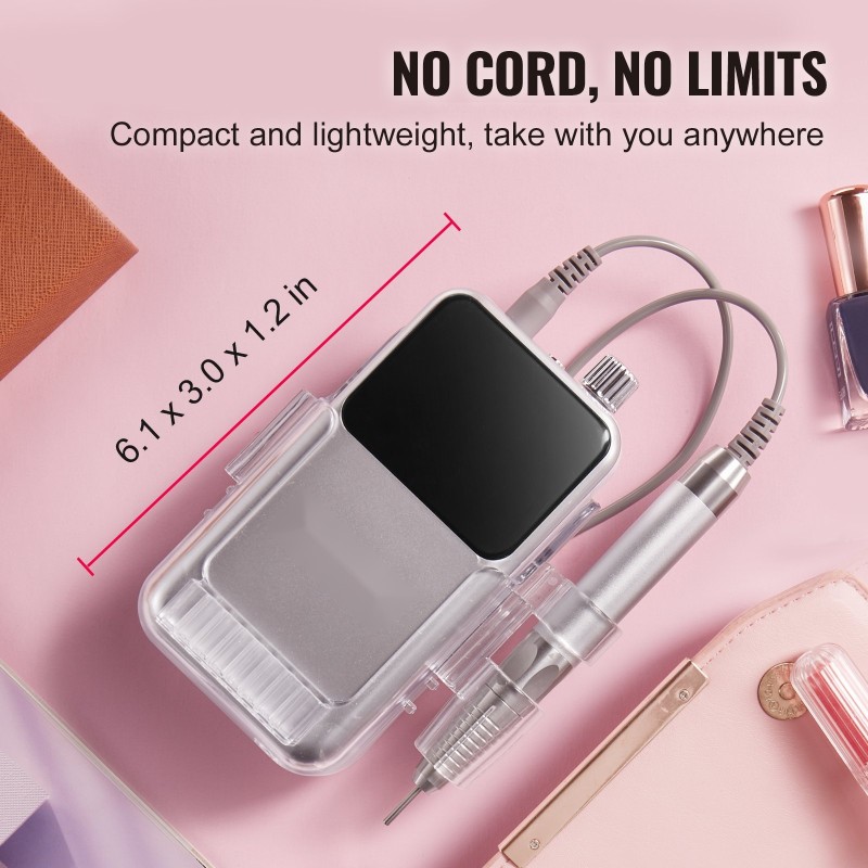 Johdoton sähköinen kynsipora alumiinirunko harjaton moottori 2500 mAh 6 hiomapäänterää 50 hiomanauhaa