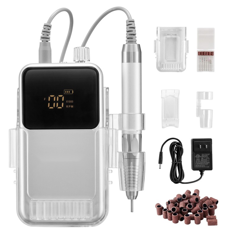 Johdoton sähköinen kynsipora alumiinirunko harjaton moottori 2500 mAh 6 hiomapäänterää 50 hiomanauhaa