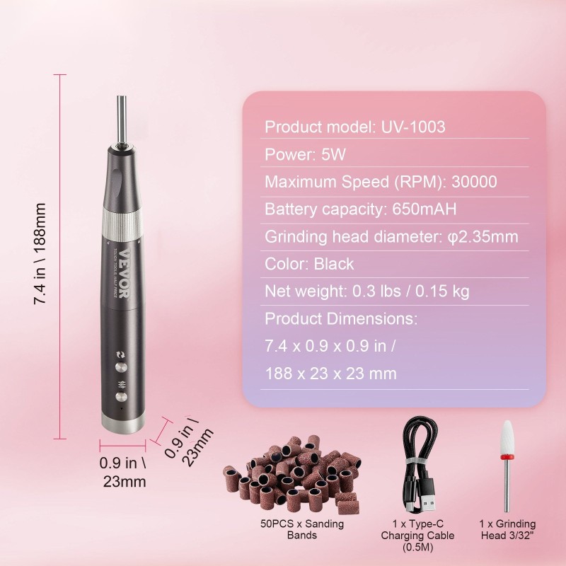 Langaton ladattava kynsiporakone CNC-alumiinirunko 650 mAh 50 kpl hiomanauhoja