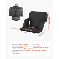 Taitettava stadionistuin 6-portaisella selkänojalla käsinojilla 69,85 mm tyyny musta