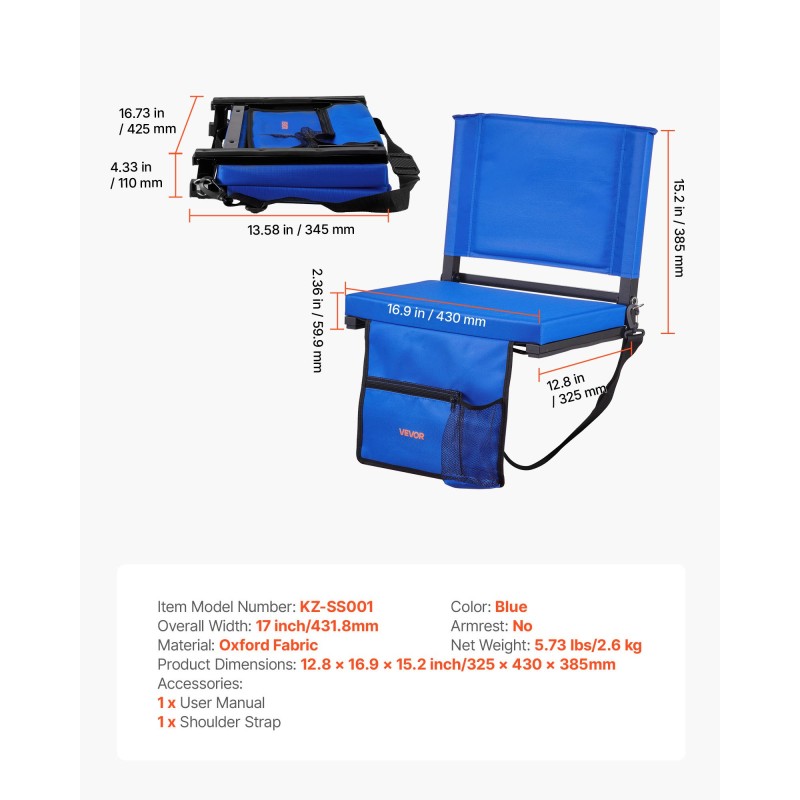 Taitettava stadionistuin selkänojallinen paksu pehmuste 600D Oxford kangas teräsrunko sininen koukut sivutaskut