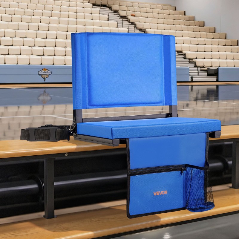 Taitettava stadionituoli Oxford-kangas teräsrunko paksu pehmuste selkänoja sininen olkahihnat piilotetut koukut säilytystaskut