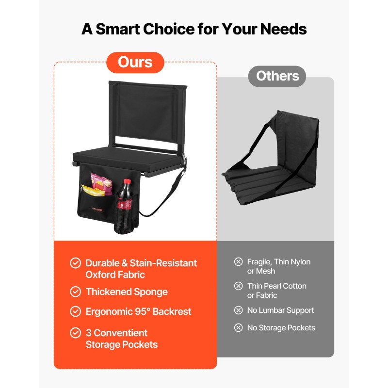 Taitettava katsomoistuin selkänojalla paksulla pehmusteella olkahihnoilla kiinnityskoukuilla musta