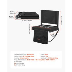 Taitettava katsomoistuin selkänojalla paksulla pehmusteella olkahihnoilla kiinnityskoukuilla musta