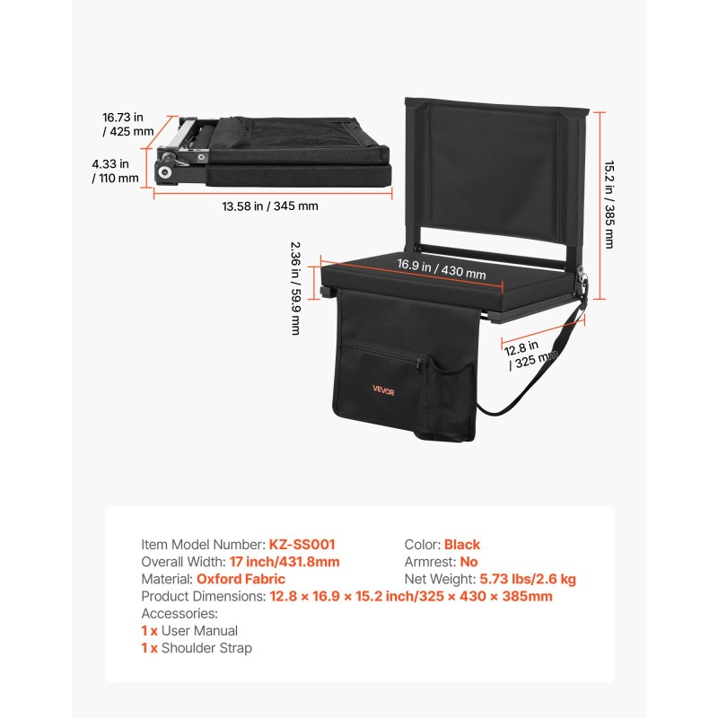 Taitettava katsomoistuin selkänojalla paksulla pehmusteella olkahihnoilla kiinnityskoukuilla musta