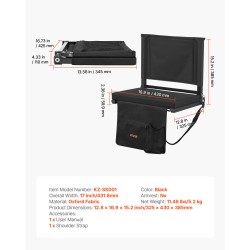 Taitettava stadiontuoli selkänojalla paksulla pehmusteella teräsrunko vedenpitävä musta kangas olkahihnat kiinnityskoukut