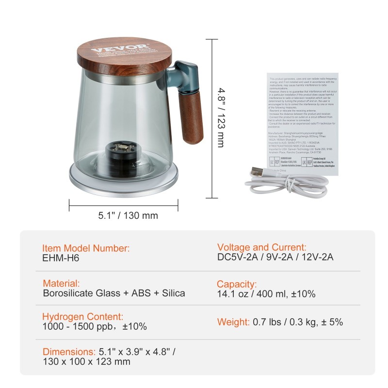 Vetyvesikuppi 400 ml borosilikaattilasinen ABS-rakenteella langattomalla latausalustalla