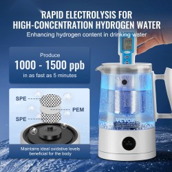 Vetyvesikannu 1,5 l borosilikaattilasilla elektrolyysitekniikalla kahvin ja teen valmistukseen