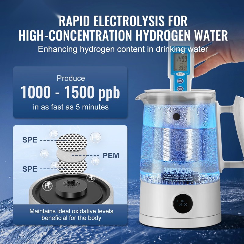 Vetyvesikannu 1,5 l borosilikaattilasilla elektrolyysitekniikalla kahvin ja teen valmistukseen