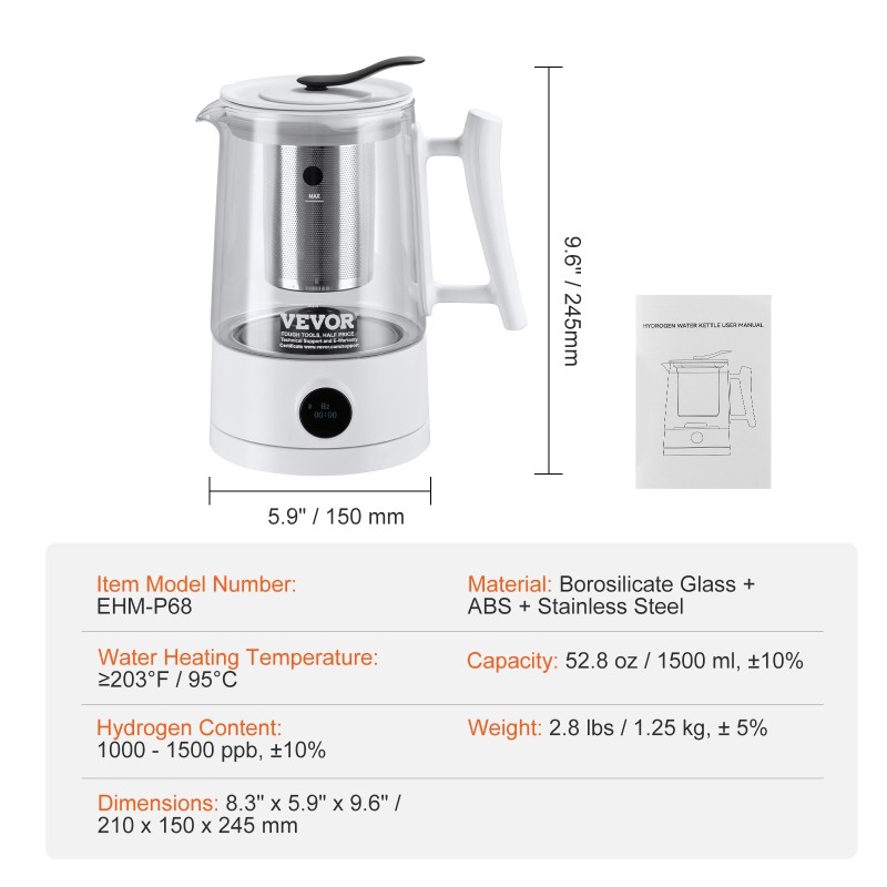 Vetyvesikannu 1,5 l borosilikaattilasilla elektrolyysitekniikalla kahvin ja teen valmistukseen