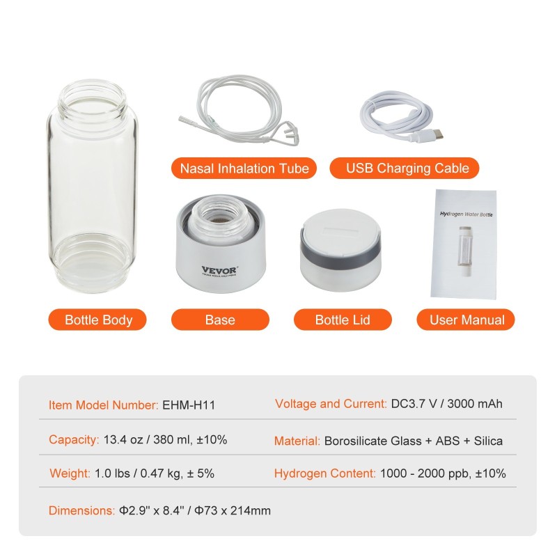 Vetyvesipullo 380 ml borosilikaattilasinen kaksitilainen nenähengitysletkulla itsepuhdistuksella