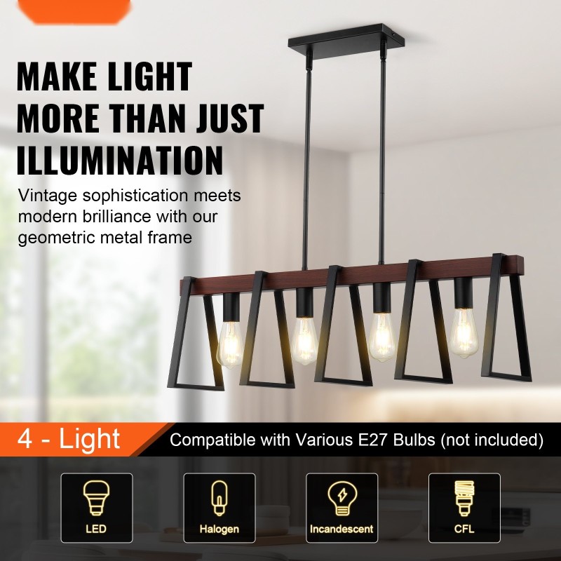 4-valoinen metallinen riippuvalaisin keittiösaarekkeelle E27-kanta enintään 60 watin säädettävä korkeus