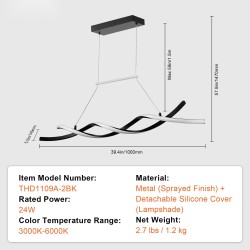 LED-riippuvalaisin 24W himmennettävä 3000–6000K metallirunko silikonivarjostin kaukosäädin keittiöön