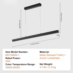 Lineaarinen LED-riippuvalaisin 119,4 cm 20 W metalli-akryyli himmennettävä kaukosäätimellä 3000–6000K
