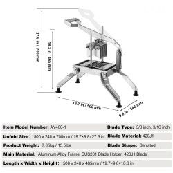 Manuaalinen vihannesleikkuri alumiiniseosrunko 420J1 ruostumattomat terät 3/8 ja 3/16 tuumaa liukumattomilla imukuppijaloilla