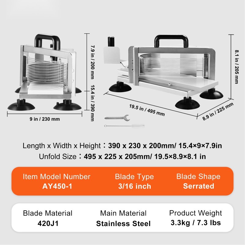 Manuaalinen tomaatinleikkuri ruostumatonta terästä 3/16-tuuman sahalaitaiset terät liukumattomilla imukuppijaloilla
