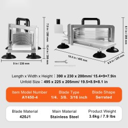 Tomaattileikkuri ruostumatonta 420J1-terästä, käsikäyttöinen, teräkoot 1/4, 3/8 ja 3/16 tuumaa