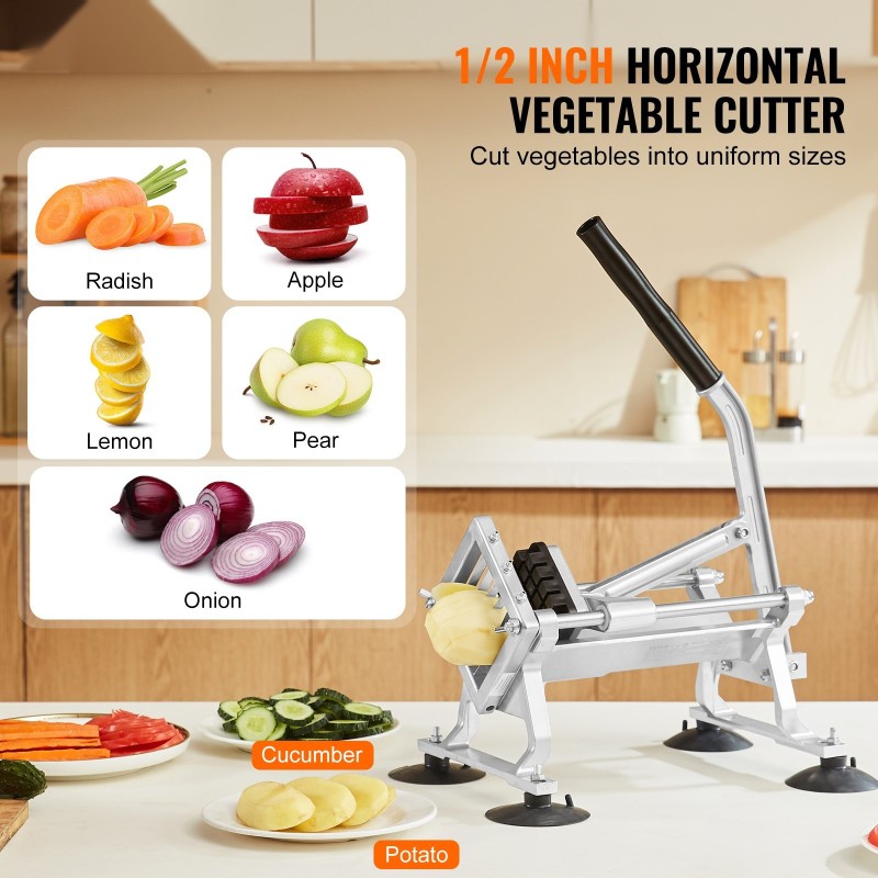 Manuaalinen vaakaleikkuri puolituumaisella ruostumattomalla terällä alumiiniseosrunko imukuppijaloilla vihanneksille ja