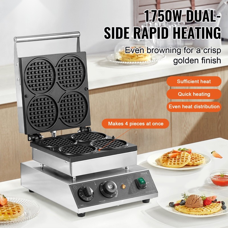 Vohvelirauta 4-paikkainen ruostumaton teräs 1750W ajastin lämpötilansäätö ammattikeittiöihin