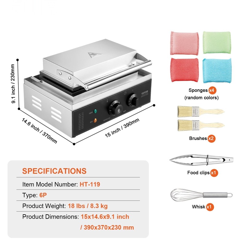 Vohvelitikkukone 6-paikkainen 1500W ruostumaton teräs tarttumaton paistopinta kahviloihin ja kotiin